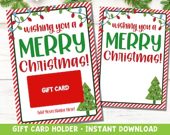 May include: A printable gift card holder with a red and white striped background. The card holder features a Christmas tree with lights and the text "wishing you a MERRY Christmas!"  The card holder has a space for a gift card and a place to add a name.