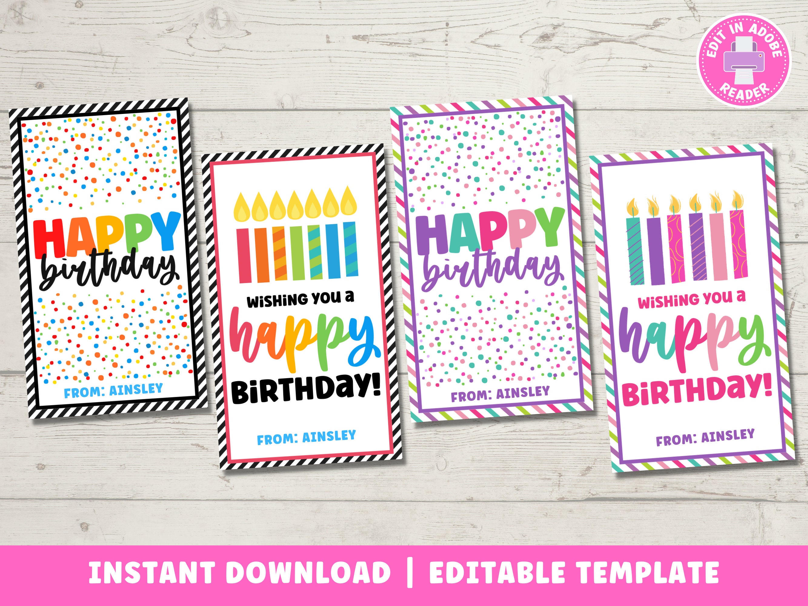Printable Happy Birthday Tags with Confetti and Candles Design | Personalized Instant Download