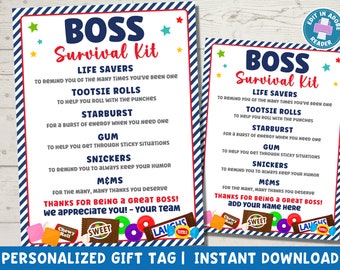 May include: A printable gift tag for a boss, with a blue and red striped background. The tag features a list of candy names with humorous descriptions, such as "Life Savers to remind you of the many times you've been one". The tag also includes the text "Thanks for being a great boss! We appreciate you! - Your team".