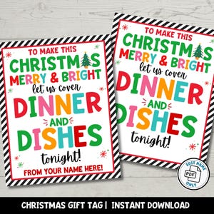 Printable Weihnachtsessen und Geschirr Geschenkanhänger | Weihnachtsgeschenk für Lehrer Freund Mitarbeiter | Fröhlich und heller Restaurant Geschenkkartenanhänger