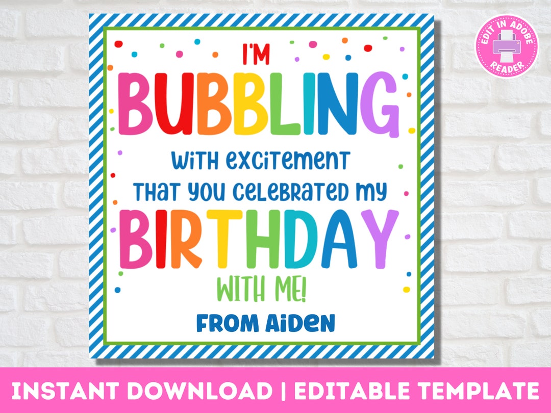 Birthday Party Bubbles Gift Tag Thank You for Celebrating Party Favor