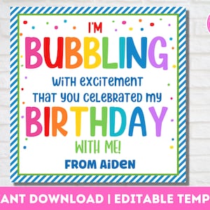 Afdrukbare cadeaukaartjes voor verjaardagsfeestje voor kinderen | Bubble-tags bedankt | Bewerkbare sjabloon