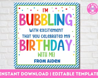Printable Kids Birthday Party Favor Gift Tags | Thank You Bubble Tags | Editable Template