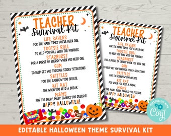 Bearbeitbares Halloween Lehrer Survival Kit | Halloween Lehrer Geschenkanhänger zum Ausdrucken | Lehrer Halloween Goody Bags | Corjl Bearbeitbare Vorlage