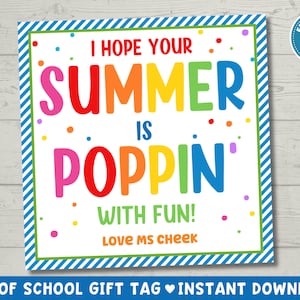 Étiquette-cadeau Poppin de fin d'école à imprimer | Cadeau de fin d'année de pop-corn offert par l'enseignant | Cadeau d'été pour camarades de classe | Téléchargement instantané
