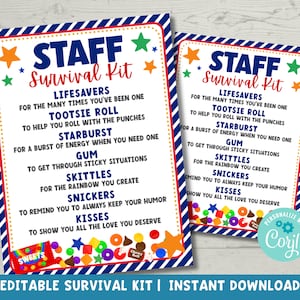 Editable Staff Survival Kit Printable | Staff Appreciation Gift Tags | Candy Tags Appreciation Gift for Staff Coworker Team | Corjl