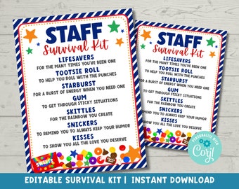 Editable Staff Survival Kit Printable | Staff Appreciation Gift Tags | Candy Tags Appreciation Gift for Staff Coworker Team | Corjl