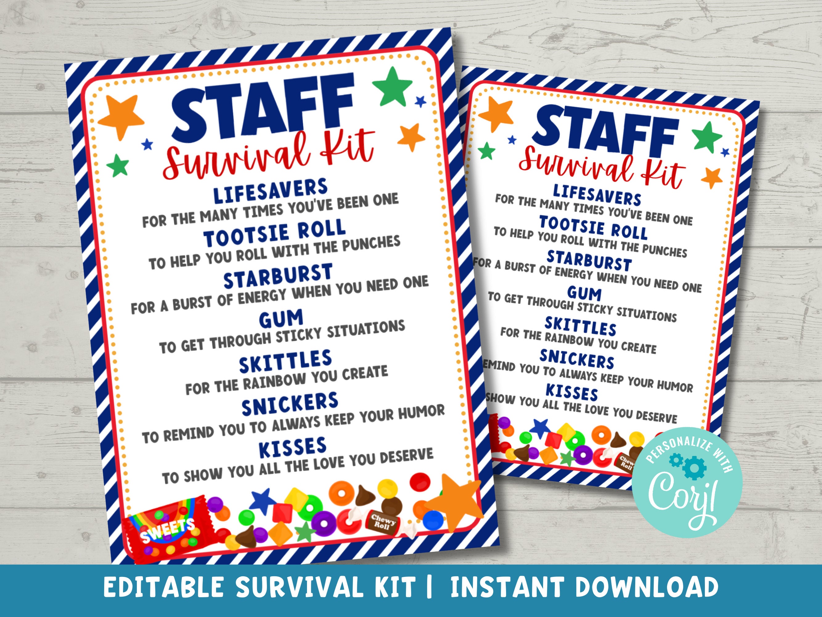 Printable Staff Survival Kit Appreciation Tags | Candy Treat Gift for Coworker Team