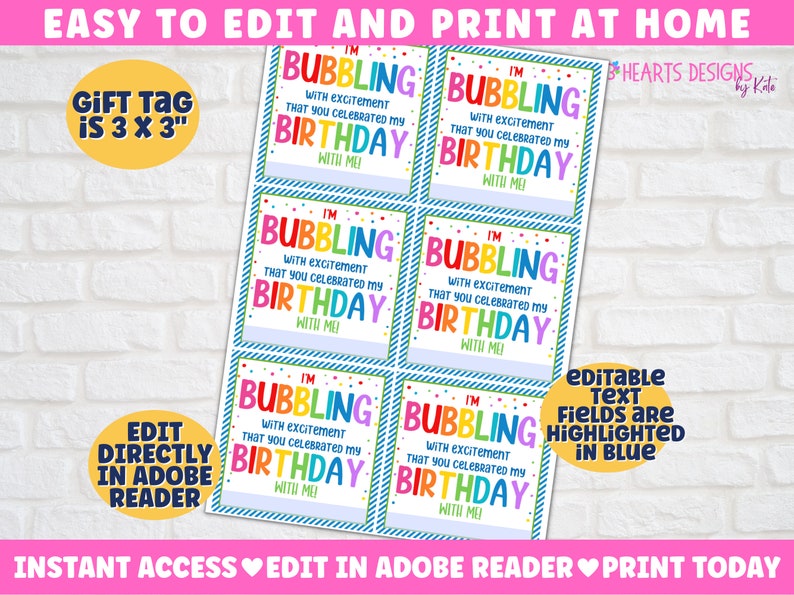 Birthday Party Bubbles Gift Tag Thank You for Celebrating Etsy
