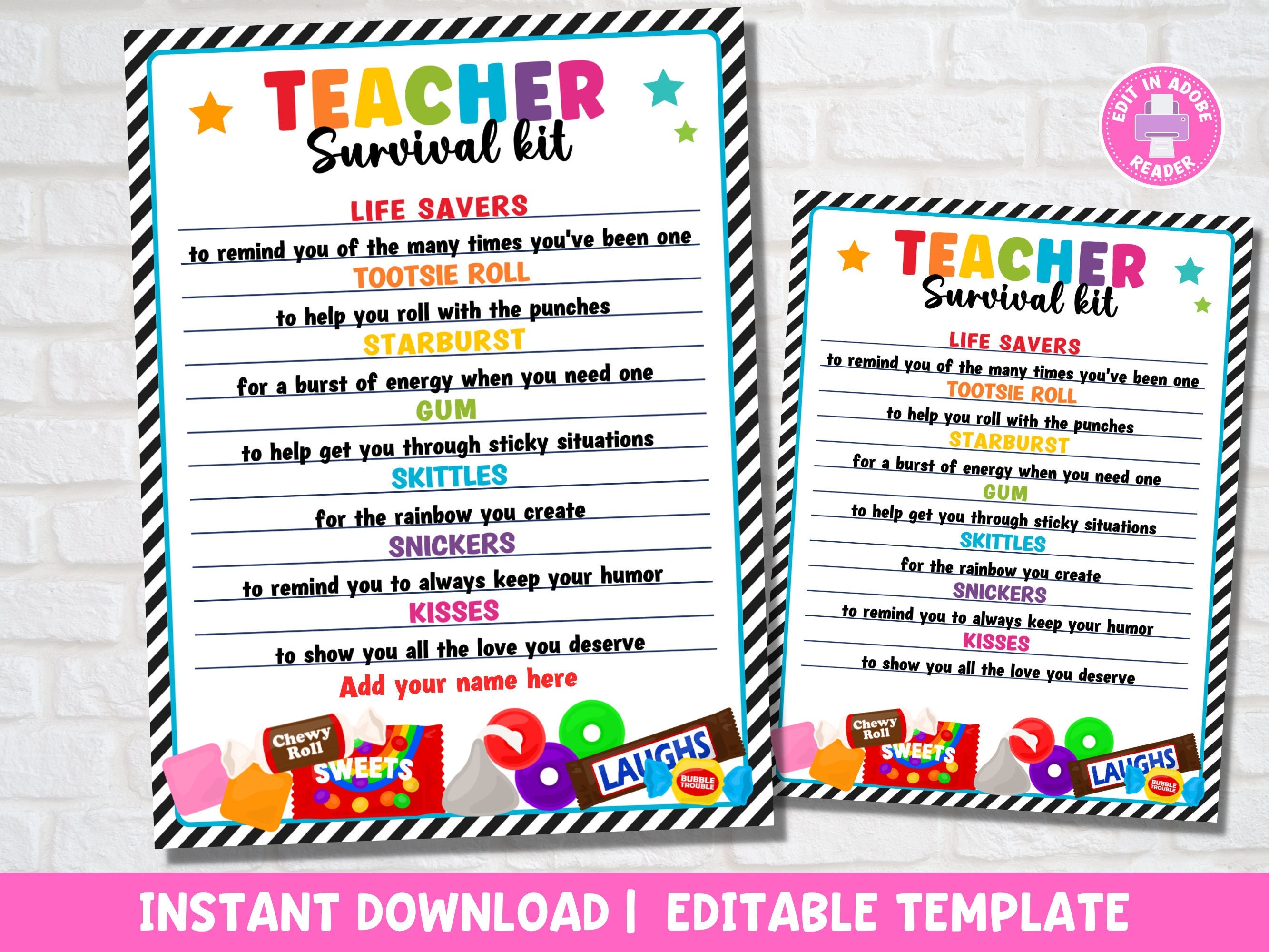 Teacher Survival Kit Printable Gift Tag for School Year End and Beginning - Instant Download