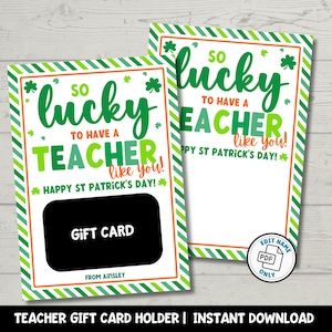 St Patrick Lehrer Geschenk Kartenhalter Printable | Glück haben Sie Lehrer-Anhänger | Kaffee-Restaurant süße Leckerei Geschenkkarte Instant Download