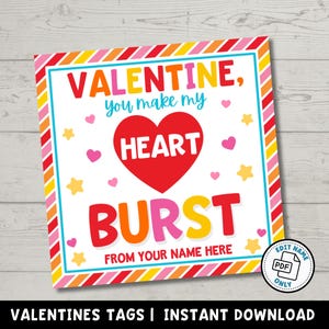 Valentine You Make My Heart Burst Tag | Klassenzimmer-Valentinstagskarten für Geschenkbörse | Candy Geschenkanhänger für Kinder Party Sofort Download