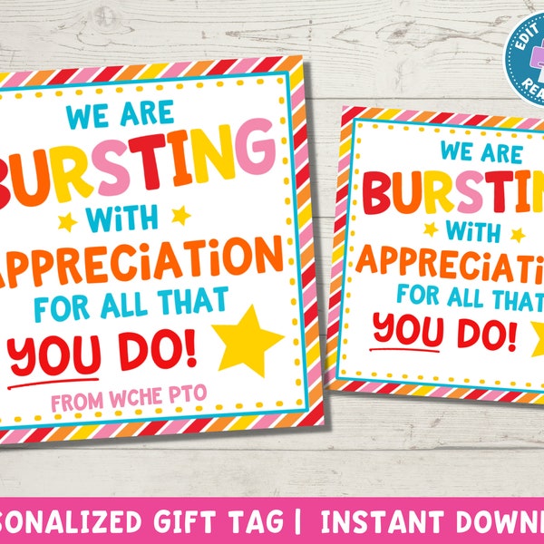 Appreciation Gift Tag Printable | Bursting With Thank You Tag | Coach Gift | Staff Appreciation | Star Teacher Tag | Instant Download