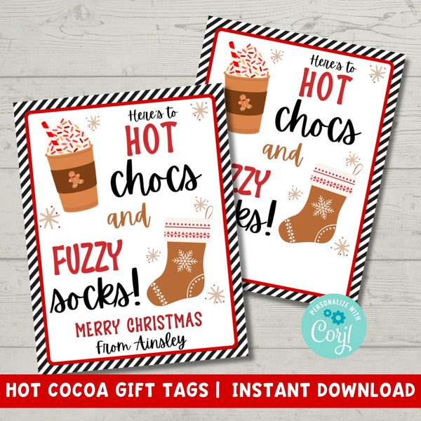 Hot Chocs and Fuzzy Socks Christmas Gift Tag Printable  | Hot Chocolate Tag Secret Santa Gift | Teacher Christmas Gift | Client Gift Idea