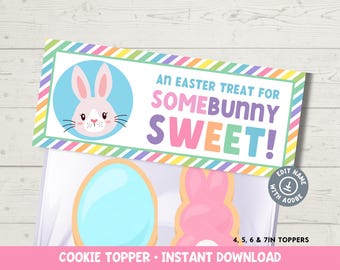 May include: Printable Easter cookie topper featuring a bunny with the text "An Easter treat for Somebunny Sweet!"  The topper is designed for 4, 5, 6, and 7 inch cookies.  The image is a digital download that can be edited with Adobe.