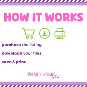 May include: A pink and green graphic with the text "HOW IT WORKS" and instructions on how to purchase, download, and print digital files. The graphic also includes a shopping cart, download arrow, and printer icon.