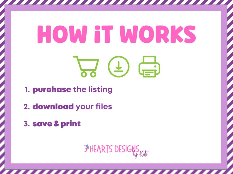 May include: A pink and green graphic with the text "HOW IT WORKS" and instructions on how to purchase, download, and print digital files. The graphic also includes a shopping cart, download arrow, and printer icon.