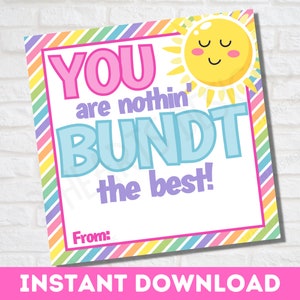 May include: A printable gift tag with a rainbow striped background and a smiling sun. The text reads "You are nothin' Bundt the best!" with a space for a name at the bottom.