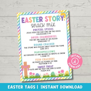 以下が含まれることがあります： カラフルなストライプと虹のデザインが施された、イースターストーリーのスナックミックスタグの印刷用テンプレートです。タグには、さまざまなスナックと対応する聖書の節がリストされています。テキストには、「プレッツェルスティック」、「イエスは十字架上で私たちの罪のために亡くなりました」、「コロサイ人への手紙 2:14」、「ドライクランベリー」、「私たちは彼の血によって救われました」、「エフェソ人への手紙 1:7」、「丸いクラッカー」、「石は墓から転がされました」、「ルカによる福音書 24:2」、「マシュマロ」、「彼は私たちを許し、雪のように白く洗い清めてくれます」、「ヨハネの第一の手紙 1:9」、「フィッシュクラッカー」、「彼は私たちを人の漁師にします」、「マタイによる福音書 4:19」、「甘いおやつ」、「主が善いことを味わって見てください」、「詩篇 34:8」が含まれています。