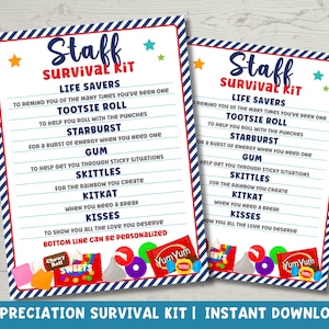 Staff Survival Kit Tag | Staff Appreciation | Employee Thank You Gift Tag Printable | Candy Tags for Coworker Gift | Instant Download