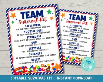 Editable Team Survival Kit Printable | Staff Appreciation Gift Tags | Candy Tags Appreciation Gift for Staff Coworker Team | Corjl