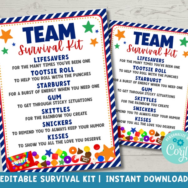 Editable Team Survival Kit Printable | Staff Appreciation Gift Tags | Candy Tags Appreciation Gift for Staff Coworker Team | Corjl