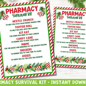 May include: Two printable Christmas gift tags with a red and white striped background and green holly. The text on the tags reads "Pharmacy Survival Kit" and lists various candy names with a description of what they represent.