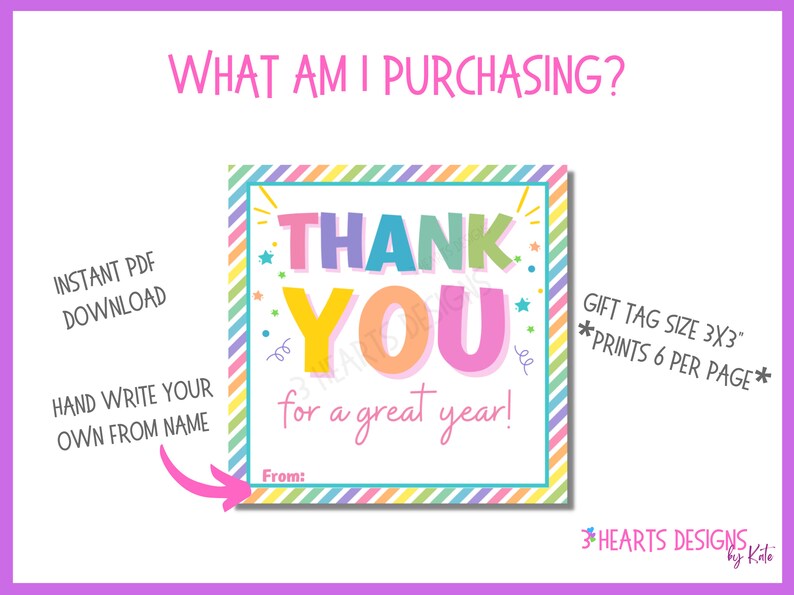 Puede incluir: Etiquetas de regalo imprimibles con un borde rayado arco&iacute;ris. Las etiquetas muestran el texto "&iexcl;Gracias por un gran a&ntilde;o!" en letras de colores y un espacio para escribir "De:". Las etiquetas miden 7,6 cm por 7,6 cm e imprimen 6 por p&aacute;gina.