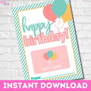 Printable Birthday Gift Card Holder | Last Minute Gift | Pastel Balloons Modern Birthday Card | Printable Greeting Card | Instant Download
