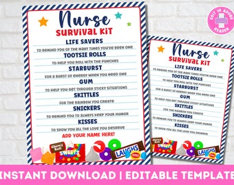 Puede incluir: Señal imprimible de "Kit de supervivencia para enfermeras" con fondo a rayas azul y blanco. La señal enumera los nombres de los dulces y sus razones correspondientes para ser incluidos en el kit. La señal incluye un espacio para agregar un nombre. La señal está decorada con imágenes de dulces.
