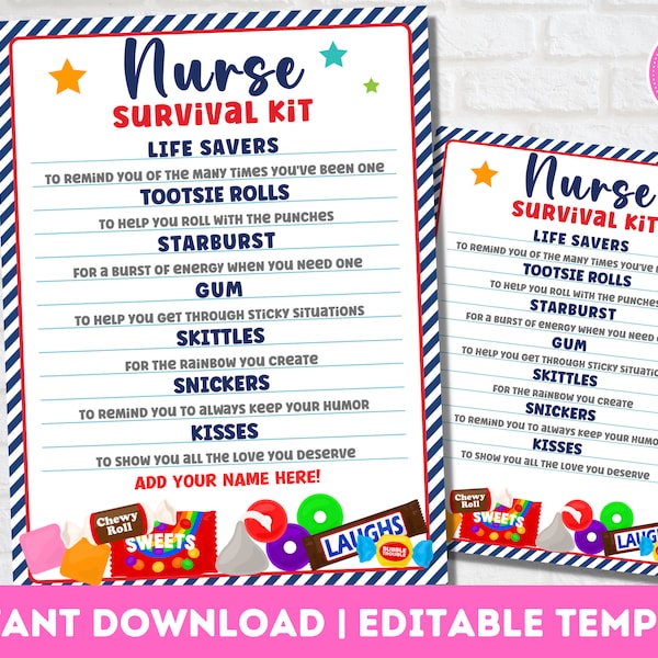 Nurse Survival Kit Tag Printable | Nurse Appreciation Gift Tag | Emergency Treat Pack | Appreciation Week | Instant Download