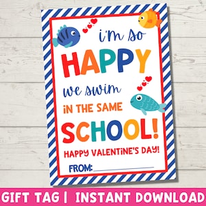 Cartes de Saint-Valentin poisson à imprimer | Étiquette-cadeau poisson Saint-Valentin pour enfants | Saint-Valentin en classe | Téléchargement instantané