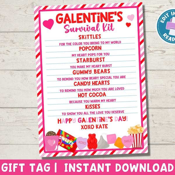 Galentines Day Card | Galentines Survival Kit | Printable Valentines Gift for Her Best Friend Card | Editable Instant Download