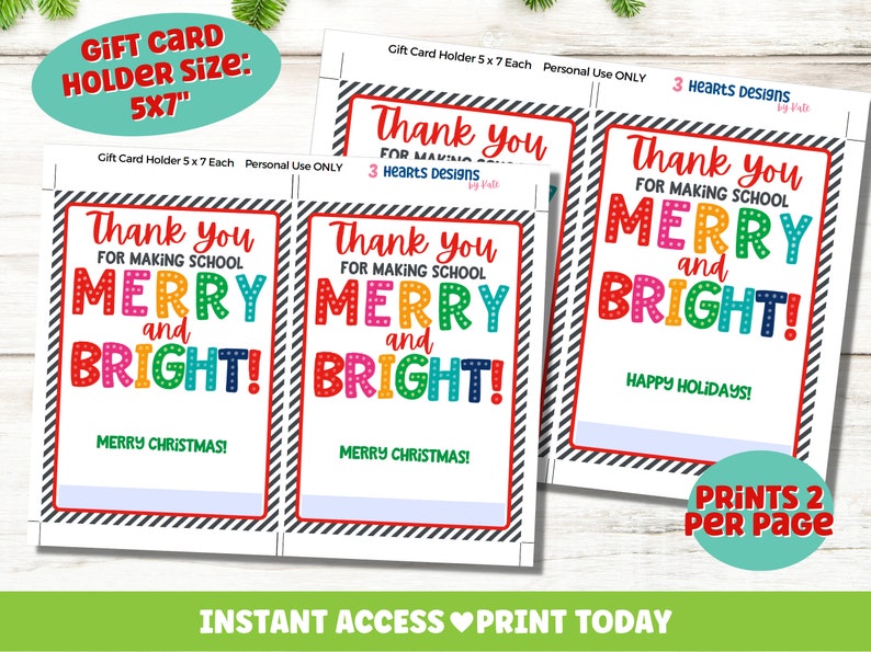 Teacher Gift Card Holder Christmas Printable Christmas Etsy