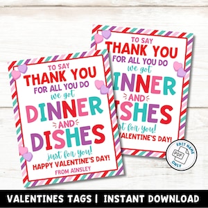 Valentinstag Abendessen und Geschirr Geschenkanhänger zum Ausdrucken | Valentinstag Geschenk für Lehrer Freund Coworker | Geschirr-Restaurant Essen Geschenk Card Tag