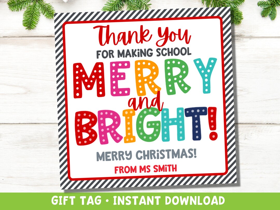 Christmas Teacher Gift Tag Merry and Bright Tag for Teacher Gift