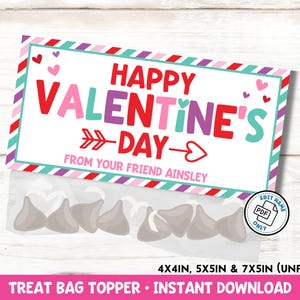May include: Printable treat bag topper with a pink, red, and blue striped border. The topper says "Happy Valentine's Day" with an arrow and heart. It also says "From your friend Ainsley". The topper is 4x4 inches, 5x5 inches, and 7x5 inches unfolded. It is an instant download.