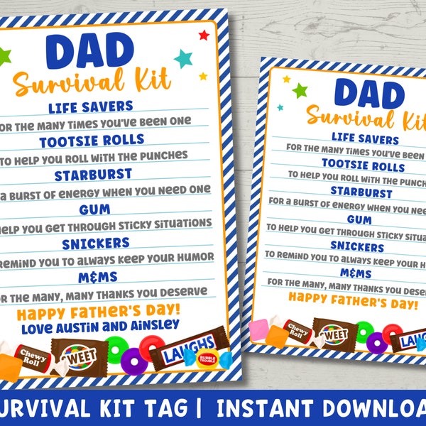 Dad Survival Kit Printable | Happy Fathers Day Funny Gift for Dad | Treat Bag Dad Tag | Instant Download