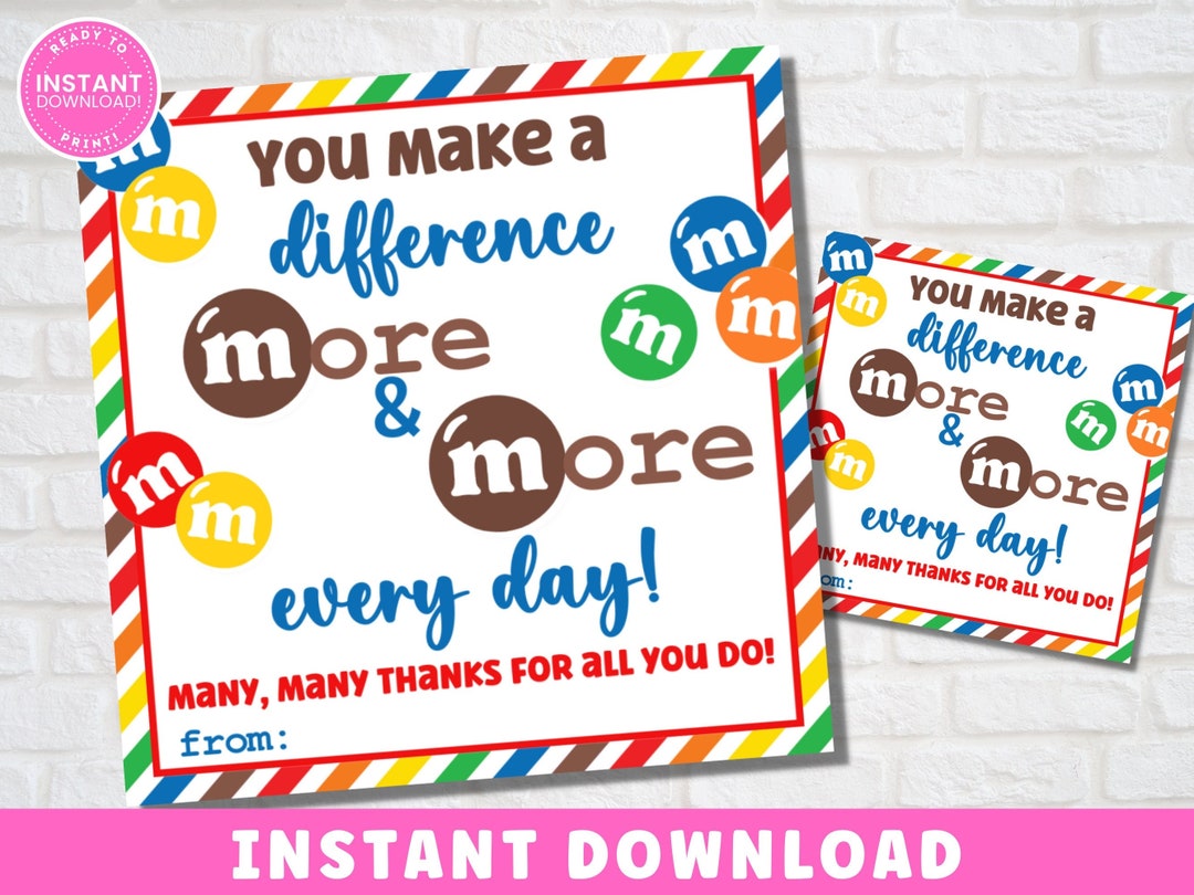 M&M Candy Gift Tag Many Thanks Tag Teacher Gifts Staff School Volunteer