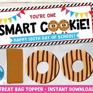 100 Days of School Treat Bag Topper Printable | One Smart Cookie Gift Tag | Happy 100 Days Smarter Teacher Gift | Instant Download