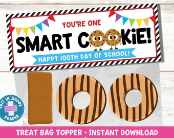 100 Days of School Treat Bag Topper Printable | One Smart Cookie Gift Tag | Happy 100 Days Smarter Teacher Gift | Instant Download