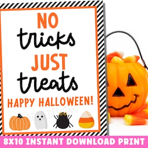 Può includere: Segno stampabile di 20,3 x 25,4 cm con strisce bianche e nere, che recita "Nessun trucco solo dolcetti Buon Halloween!" con una grafica di zucca, fantasma, ragno e mais dolce.
