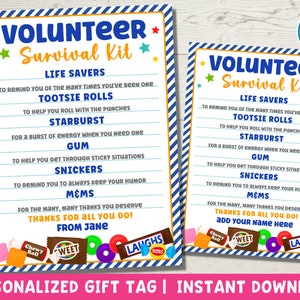 Volunteer Appreciation Printable Kit - Survival Kit Thank You Tags and Candy Gift Ideas