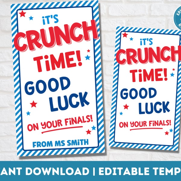 Good Luck Tags Printable | Crunch Time Candy Favor | Test Encouragement Gift Tags | College Finals Week | Editable Instant Download