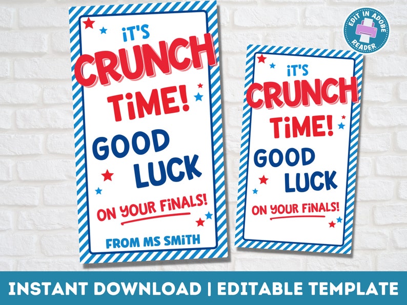 Good Luck Tags Printable Crunch Time Candy Favor Test Encouragement Gift Tags College Finals Week Editable Instant Download image 1