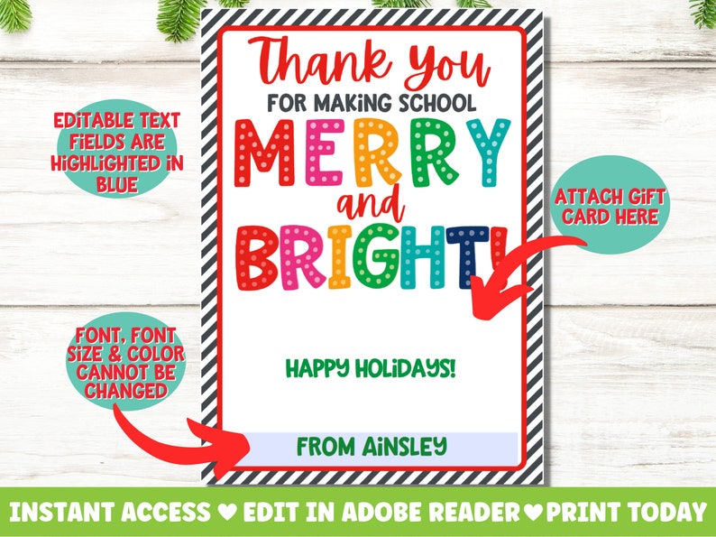 Teacher Gift Card Holder Christmas Printable Christmas Etsy