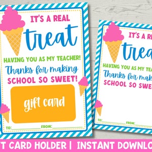 Lehrer Wertschätzung Geschenk Kartenhalter Printable | Eiscreme-Geschenkkartenhalter | Ende des Jahres Lehrer Geschenkidee | Süßes Geschenk | Sofort Download