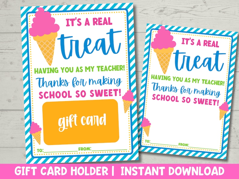 Puede incluir: Un portador de tarjeta de regalo imprimible con un fondo a rayas azul y blanco. La tarjeta presenta un gr&aacute;fico de cono de helado y el texto "&iexcl;Es un verdadero placer tenerte como mi maestro! &iexcl;Gracias por hacer que la escuela sea tan dulce!"