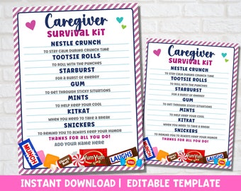 Caregiver Survival Kit Printable | Appreciation Gift for Healthcare Worker | Nurse Gift | Emergency Treat Pack |  Instant Download
