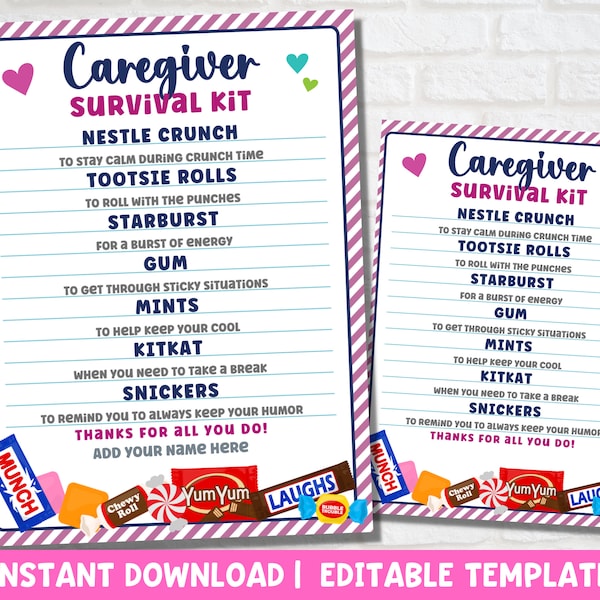 Caregiver Survival Kit Printable | Appreciation Gift for Healthcare Worker | Nurse Gift | Emergency Treat Pack |  Instant Download